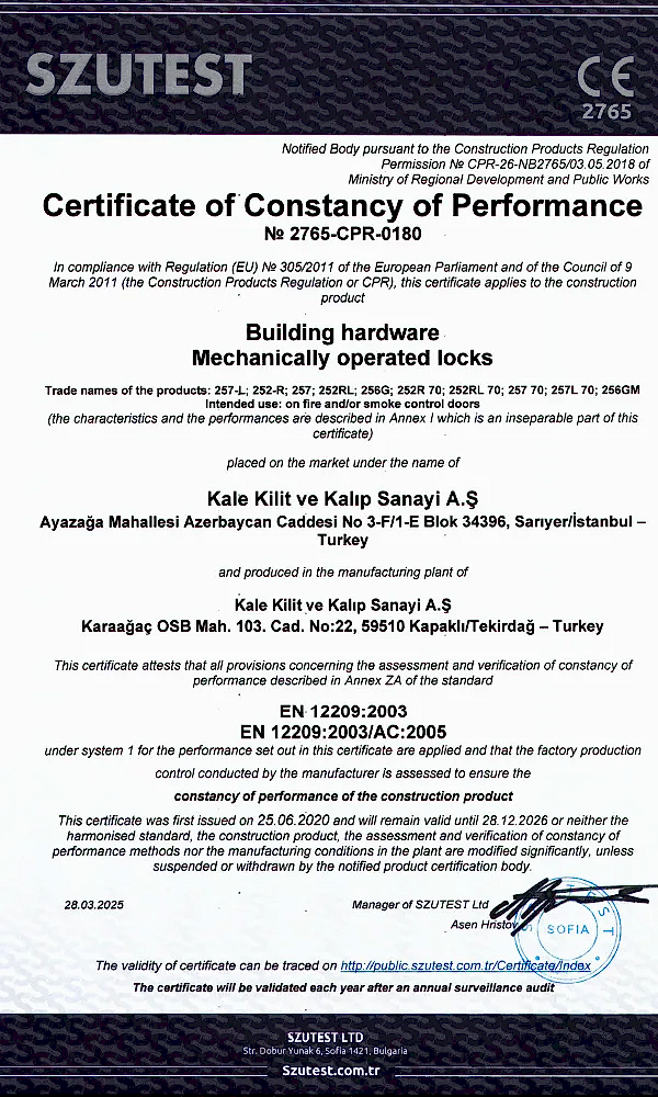 Kale Kilit Ce Avrupa Birligi Standartlari Belgesi